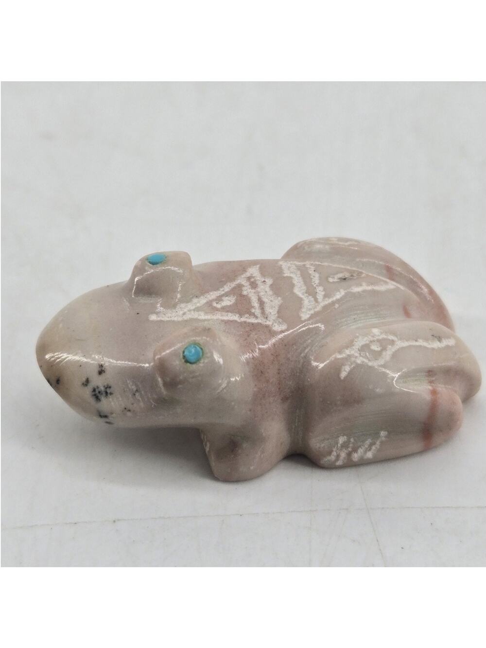Mini Carved Stone Zuni Fetish Frog Toad Etched Turquoise Eyes By Adrian Cachini